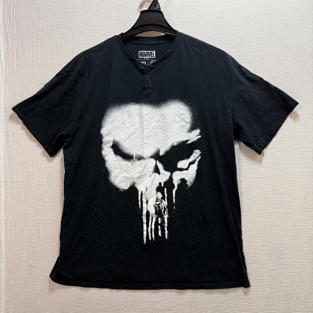 Marvel The Punisher Skull Logo Henley T Shirt Men's 2XL Black Loot‎ Crate Goth